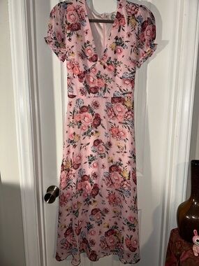 Blue Rain Pink Floral Wrap-Style Midi Dress